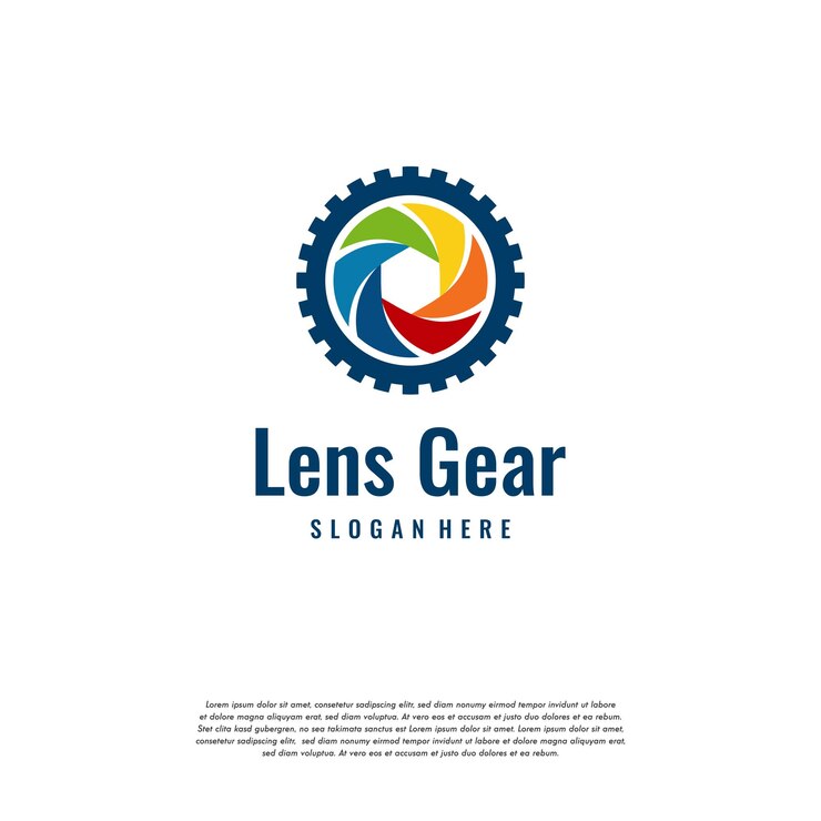 Vector vector de concepto de logotipo de la industria de engranajes y fotografía de lentes coloridos