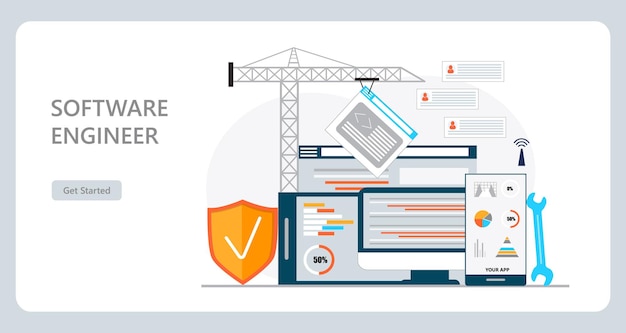 Vector de concepto de lugar de trabajo de desarrollador web para página de destino Construcción de sitio web y escritura de código Ingeniería de software en tecnología digital o AI
