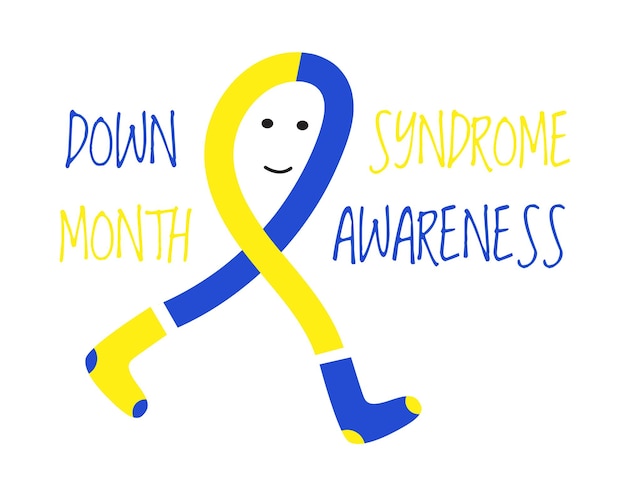Vector de concepto de mes de conciencia de síndrome de Down en colores azul y amarillo Ropa de cinta de dibujos animados lindo en calcetines está sonriendo