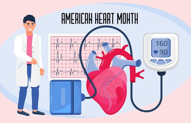 Vector de concepto del Mes del Corazón Americano Concepto de enfermedad cardíaca con cardiólogo EKG