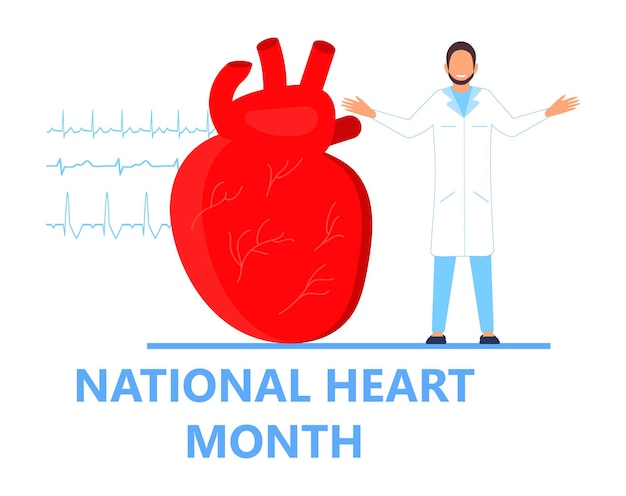 Vector vector de concepto del mes nacional del corazón enfermedades cardíacas con bolsa médica y electrocardiograma plantilla médica de hipotensión e hipertensión