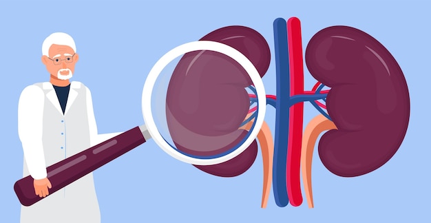 Vector de concepto de nefrólogo y nefropatía Los médicos pequeños tratan las miradas a través de una lupa en los riñones Pielonefritis y cálculos renales