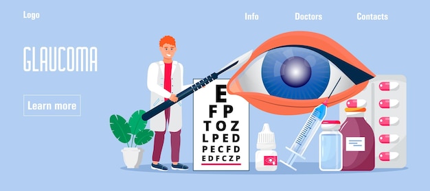 Vector vector de concepto de oftalmólogo verifique la ilustración de su vista para el blog web médico de medicina tratamiento de glaucoma de miopía problema de oftalmología y enfermedad oftalmólogo en la clínica