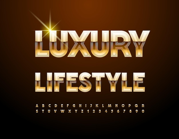 Vector concepto premium estilo de vida de lujo rico fuente dorada brillante alfabeto letras y números conjunto