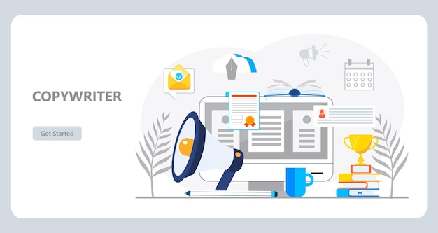 Vector de concepto de redactor para la página de inicio El lugar de trabajo independiente está ocupado con el análisis de marketing por correo electrónico Administrador de contenido en la empresa Megáfono y monitor
