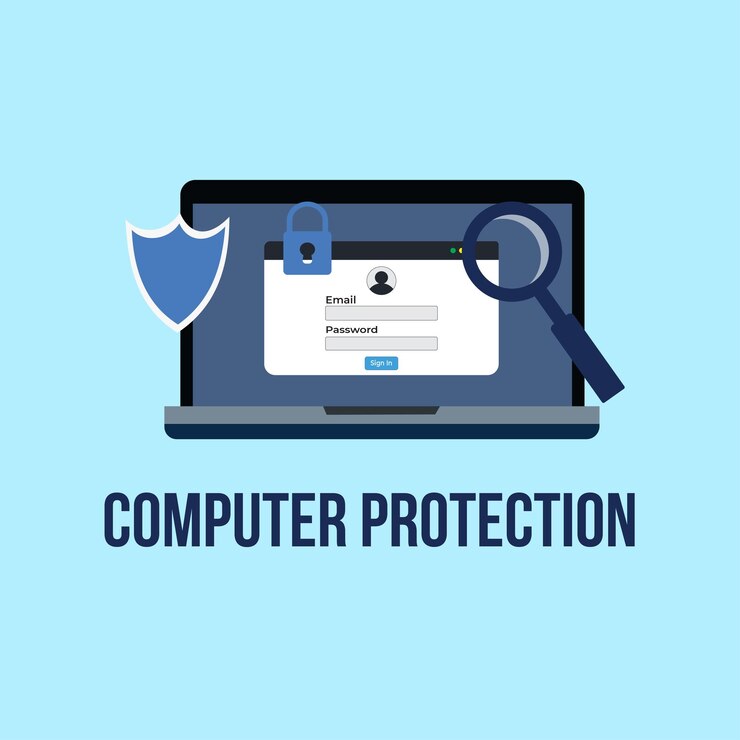 Vector vector de concepto de seguridad y protección informática escaneo de virus de computadora portátil e ilustración de seguridad de la información lupa en busca de virus informáticos y escudo protector seguridad de inicio de sesión de correo no deseado
