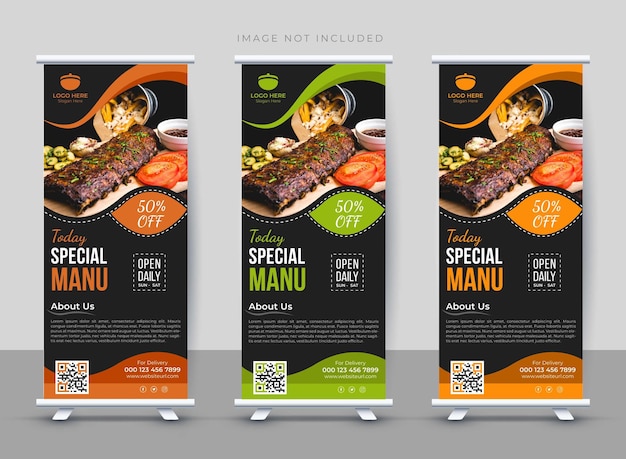 Vector concepto único delicioso menú de comida de restaurante enrollar plantilla de diseño de banner