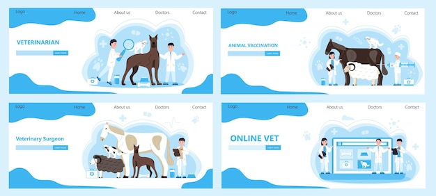 Vector vector de concepto veterinario médicos de animales que diagnostican enfermedades de perros y gatos cuidado de la salud de mascotas para el sitio web tratamiento médico veterinario enfermedad