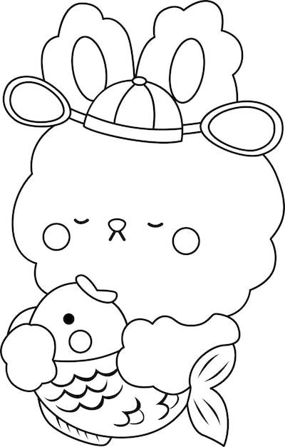 un vector de conejo sosteniendo un pez en color blanco y negro