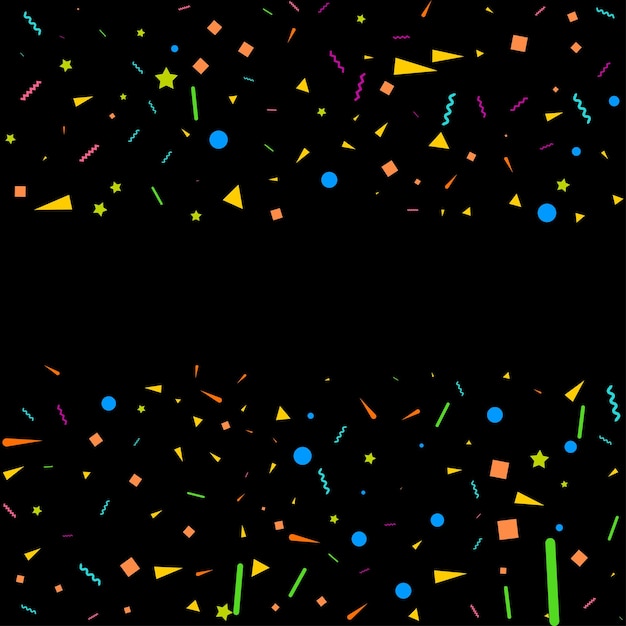 Vector de confeti colorido Ilustración festiva de confeti brillante que cae aislado sobre fondo negro Elemento de oropel decorativo de vacaciones para el diseño