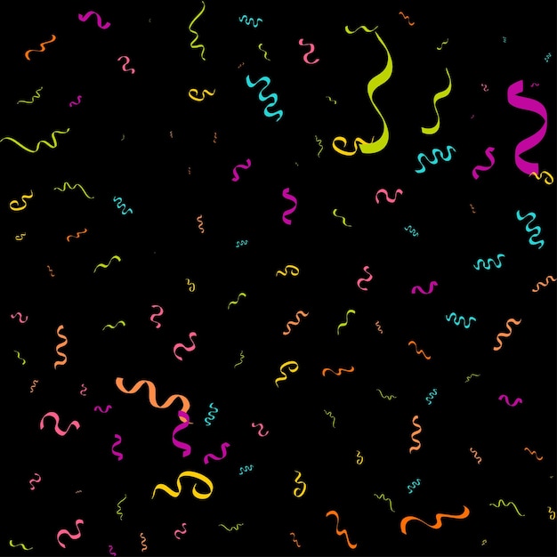 Vector de confeti colorido Ilustración festiva de confeti brillante que cae aislado sobre fondo negro Elemento de oropel decorativo de vacaciones para el diseño