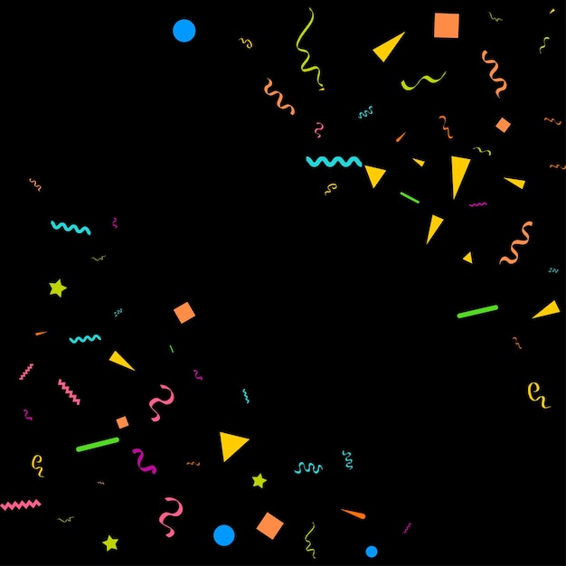 Vector de confeti colorido Ilustración festiva de confeti brillante que cae aislado sobre fondo negro Elemento de oropel decorativo de vacaciones para el diseño