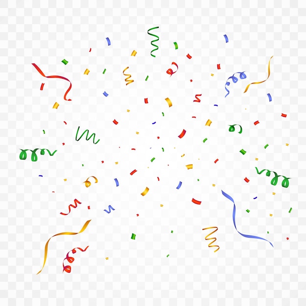 Vector de confeti para la ocasión o el fondo del festival. Confeti simple y cinta volando fondo. Confeti rojo, verde, dorado, azul simple sobre fondo transparente. Evento de celebración y fiesta.