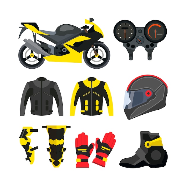 Vector conjunto de accesorios de moto. Bicicleta deportiva, casco, guantes, botas, chaqueta.