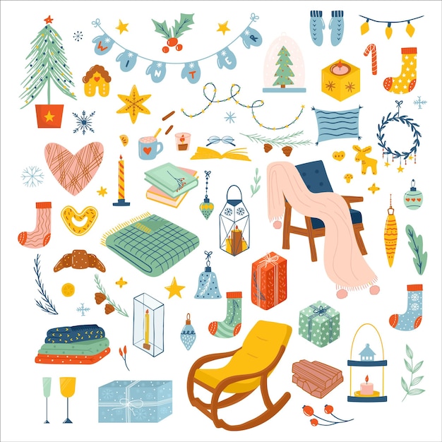 Vector conjunto de acogedoras decoraciones navideñas. Paquete de tazas y dulces, chocolate caliente, café, pastel, galletas de jengibre, regalos, ropa de lana tejida, sofá. Ilustración de niños. Colección de moda Scrapbook.