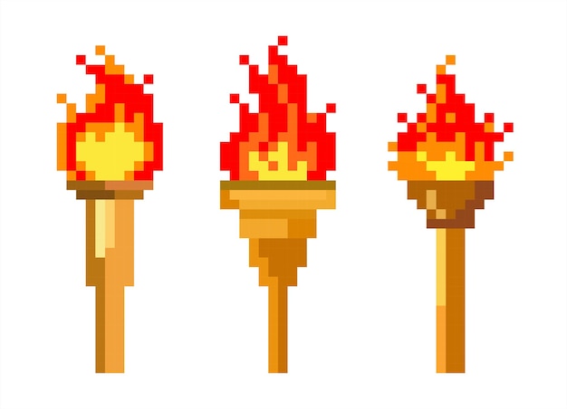 Vector de conjunto de antorchas pixeladas icono de antorcha pixelado estilo de juego