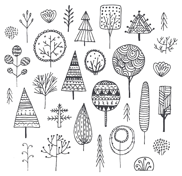 Vector conjunto de árboles dibujados a mano, arbustos, plantas decoradas con patrones. Doodle conjunto