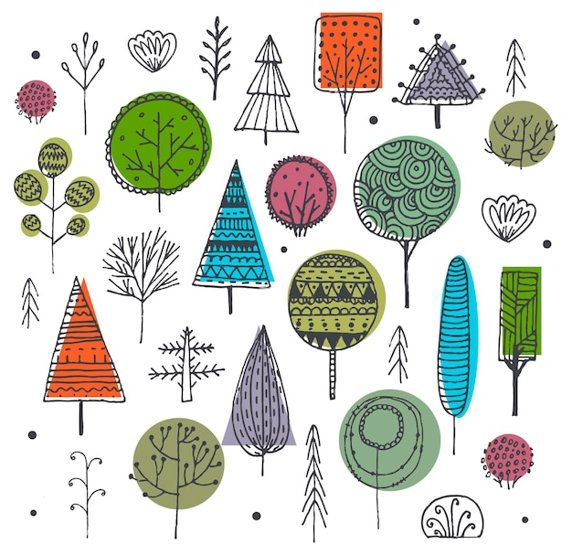 Vector conjunto de árboles dibujados a mano, arbustos, plantas decoradas con patrones. Doodle conjunto