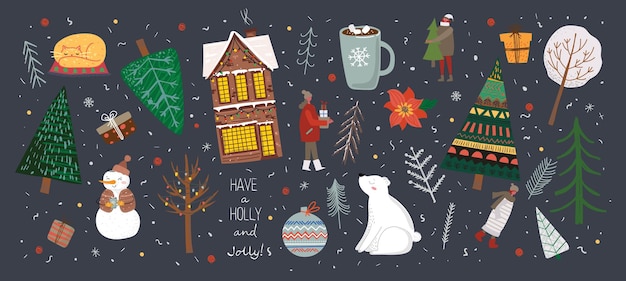 Vector conjunto de árboles de navidad de invierno y gente de la casa de nieve llevan gatos de muñeco de nieve y regalo para crear