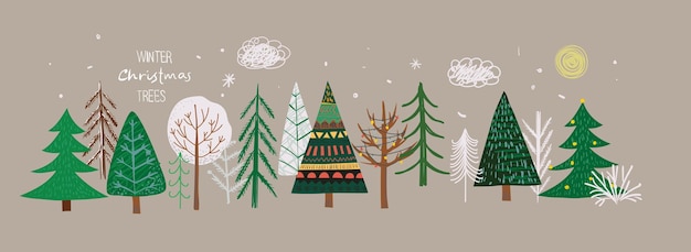 Vector conjunto de árboles de Navidad de invierno y gente de nubes de arbusto