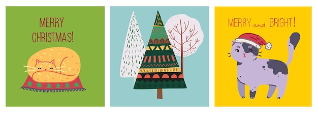 Vector conjunto de árboles de Navidad de invierno y sol, nieve, copos de nieve, arbustos, nubes, gatos y regalo para crear sus propias tarjetas de ilustración de Navidad y año nuevo