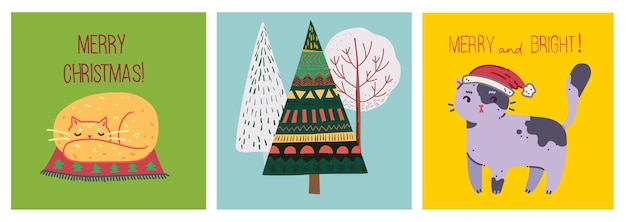 Vector conjunto de árboles de navidad de invierno y sol, nieve, copos de nieve, arbustos, nubes, gatos y regalo para crear sus propias tarjetas de ilustración de navidad y año nuevo