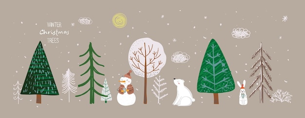Vector conjunto de árboles de navidad de invierno y sol nieve nowman bush nube oso conejo para crear su propio nuevo ...