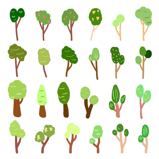Vector un conjunto de árboles planos dibujados a mano