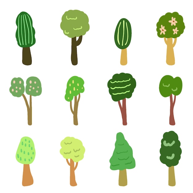 Vector un conjunto de árboles planos dibujados a mano