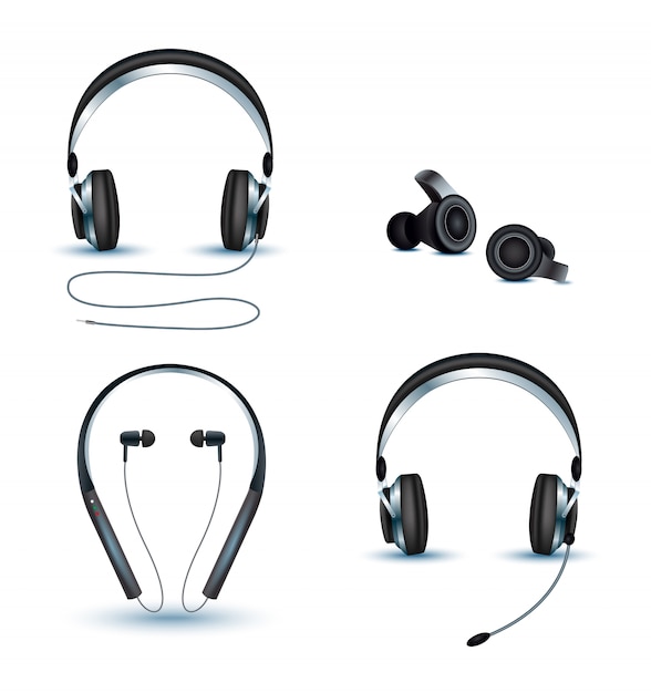 Vector conjunto de auriculares inalámbricos y con cable, auriculares.