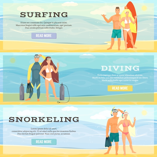 Vector conjunto de banners de actividades horizontales de playa. surf.