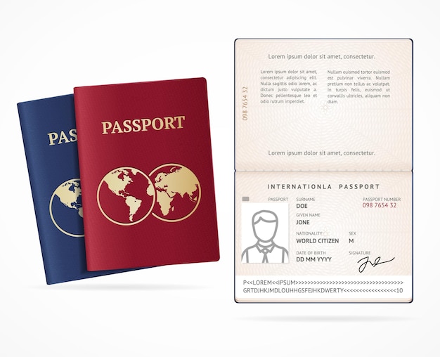 Vector de conjunto en blanco de pasaporte internacional 3d detallado realista