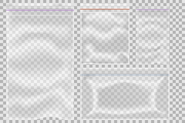 Vector vector conjunto de bolsa de cremallera de plástico transparente vacía sellada cerca aislado sobre fondo
