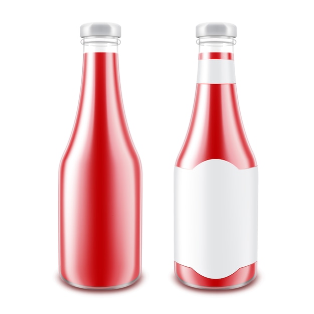 Vector conjunto de botella de salsa de tomate rojo brillante de vidrio en blanco para la marca