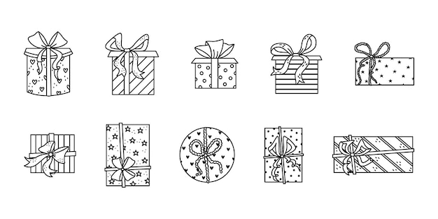 Vector conjunto de cajas de regalo en estilo de contorno. Celebracion