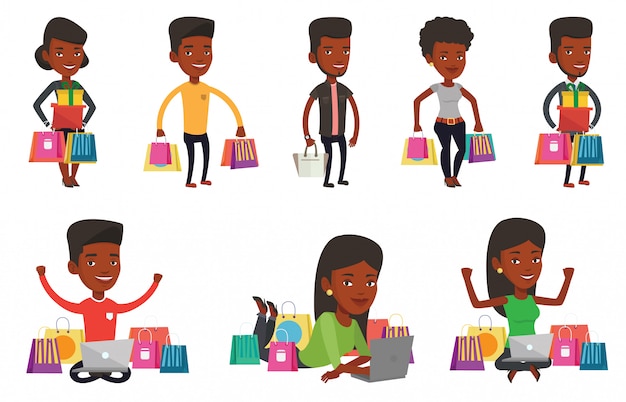 Vector conjunto de caracteres de personas de compras.