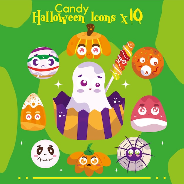 VECTOR CONJUNTO CARAMELO HALLOWEEN LINDO ILUSTRACIONES E ICONOS WEB ARAÑA ZOMBI FANTASMA Y CALABAZA
