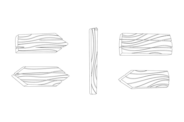Vector de conjunto de cartelera vacía de línea negra de madera. Dibujo de línea continua del letrero de dirección de madera en el poste. Dibujo vectorial de la antigua guía con tablero en forma de flecha en un contorno negro