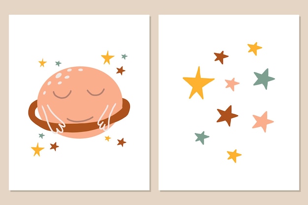 Vector conjunto de carteles con planeta y estrella en estilo boho para niños. Decoración infantil de estilo boho. Lindos carteles. Ilustración vectorial
