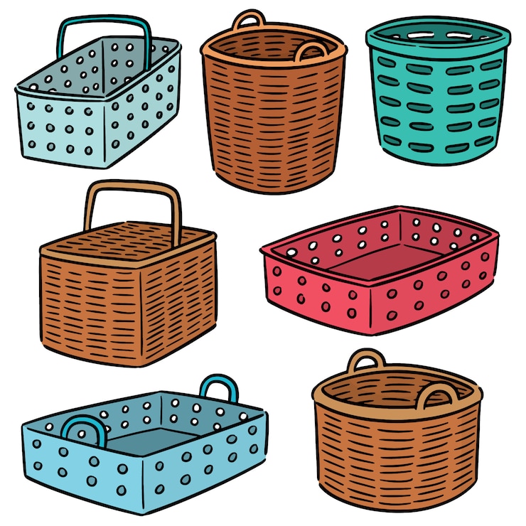 Vector vector conjunto de cesta de mimbre y plástico