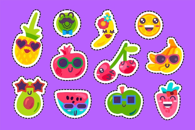 Vector conjunto de colección de emociones emoji de frutas felices. sandía y fresa, piña y cereza, plátano y manzana con expresión positiva. emoticon cómico sonriendo y besando ilustración plana