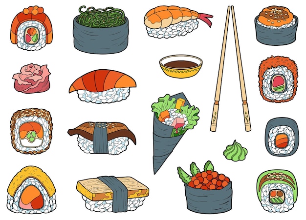 Vector conjunto de comida japonesa, colorida colección de sushi de dibujos animados, sashimi y rollos