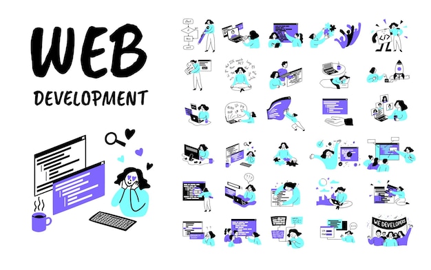 Vector de conjunto de conceptos de desarrollo web en color de dibujos animados