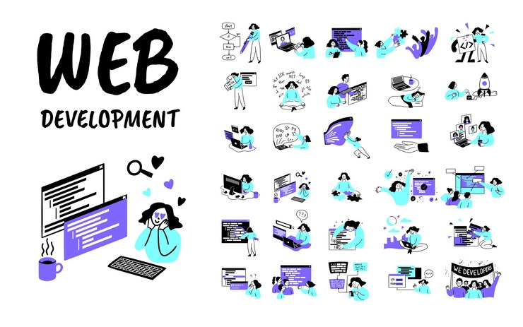 Vector vector de conjunto de conceptos de desarrollo web en color de dibujos animados