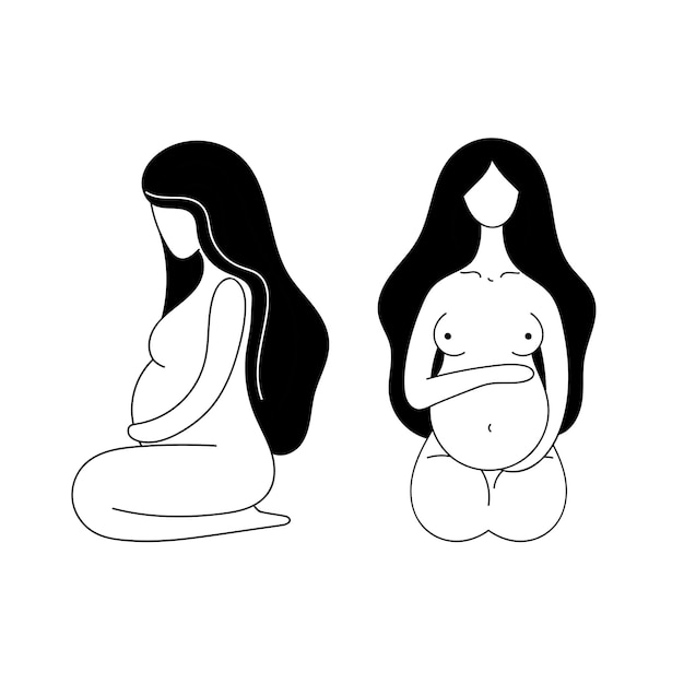 Vector conjunto de contorno hermosas mujeres embarazadas desnudas preparación del parto de maternidad para el parto