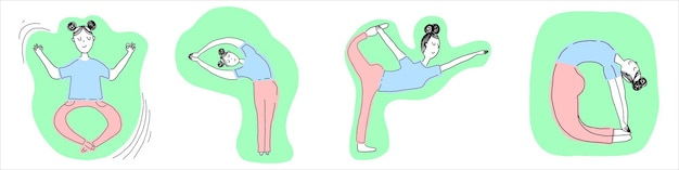 Vector conjunto dibujado a mano con linda chica haciendo yoga