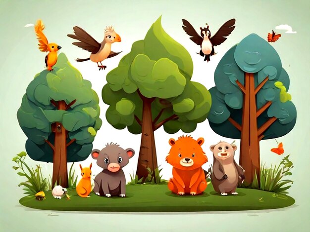 Vector vector conjunto de dibujos animados aislados salvajes de árboles y animales ai_generated