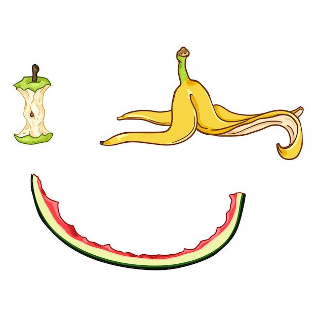 Vector conjunto de dibujos animados comida basura apple core banana peel y sandía peel