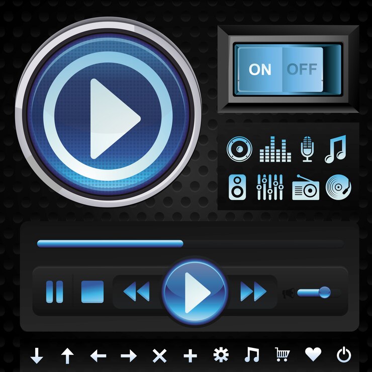 Vector vector conjunto con elementos de diseño de interfaz para reproductor de música en color azul