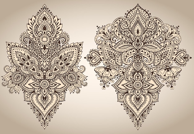 Vector conjunto de elementos florales de henna basados en adornos tradicionales asiáticos. Colección Paisley Mehndi Tattoo Doodles